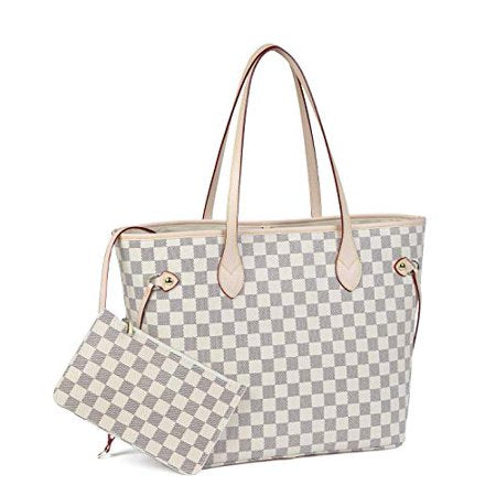 Daisy Rose Checkered Tote Shoulder Bag with inner pouch - PU Vegan Leather (Cream) [product_type] endbag endbag.myshopify.com [variant_title]